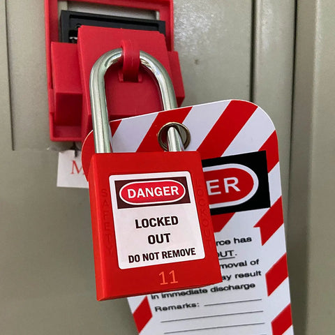 Keyed Differently Lockout Tagout Locks Red One And One Half Inch Industrial Padlocks for Lockout Tagout Kits Station on panel