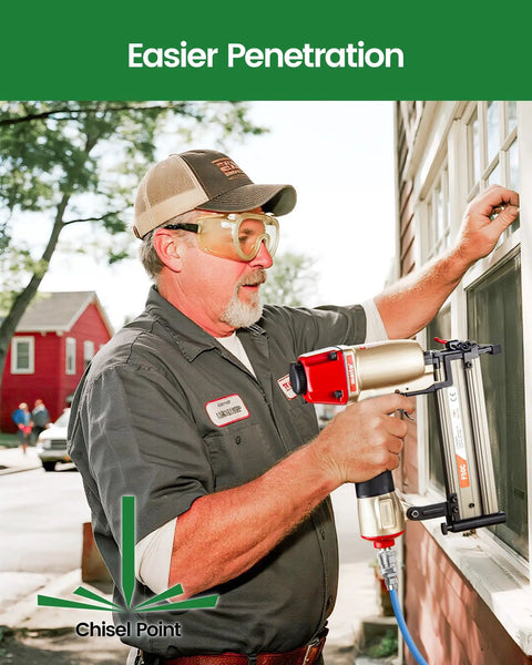 Person using Heavy Hitter 18 Gauge 2 Inch 304 Stainless Steel Brad Nails For Pneumatic And Electric Nail Guns on window.