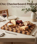 Real Deal Acacia Wood Checkered Cutting Board With Deep Juice Grooves And Solid Handles Large 17 Inch Butcher Block Serving Platter with cheese and nuts