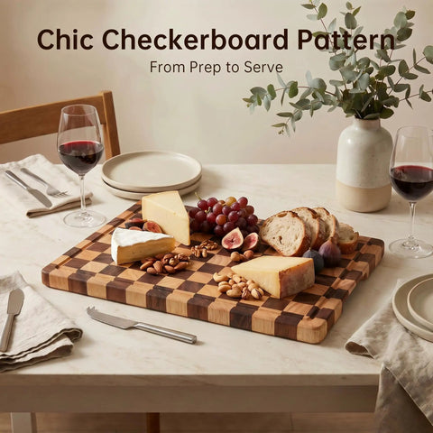 Real Deal Acacia Wood Checkered Cutting Board With Deep Juice Grooves And Solid Handles Large 17 Inch Butcher Block Serving Platter with cheese and nuts