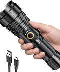 Beefy 2000 Lumen Rechargeable Tactical Flashlight With 10 Modes Waterproof LED Beam Up To 1000m 2025 Upgrade XHP70 in hand with charger