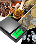 Tiny Pocket Digital Scale 1000G 0.01G Precision Gram Scale For Jewelry Gold Gems Coffee Herbs with images of coffee, spices, coins, gems.