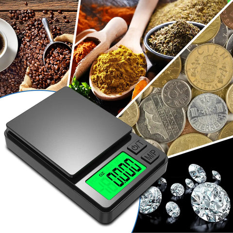 Tiny Pocket Digital Scale 1000G 0.01G Precision Gram Scale For Jewelry Gold Gems Coffee Herbs with images of coffee, spices, coins, gems.