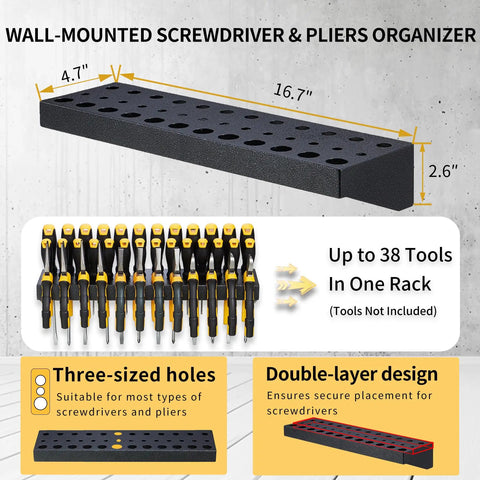 Heavy Duty Wall Mount Tool Organizer Set For Garage And Workshop With Screwdriver Holder Pliers Rack And Hammer Rack 2 Piece Storage Set In Charcoal Grey Durable Steel Construction For Quick Access showing 38-slot rack dimensions and features