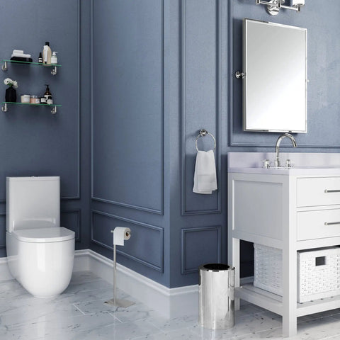 Freestanding Toilet Paper Holder Stand With Weighted Base In Modern Rectangle Chrome Finish For Bathroom Vanity A Must Have Upgrade You Can Move Anytime Grab And Go No Wall Mount Needed Sleek Contemporary Design on a white tiled floor in a blue bathroom