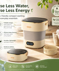 No Headache Foldable Portable Washing Machine With 17L Tub And Fast Spin Cycle in a cozy kitchen setting with towels.