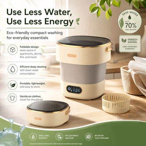 No Headache Foldable Portable Washing Machine With 17L Tub And Fast Spin Cycle in a cozy kitchen setting with towels.