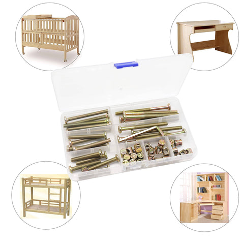 Crib Screws Hardware Replacement Kit 18 Piece Set M6x40 50 60 70 80mm Hex Drive Socket Cap Screws With Barrel Nuts And Allen Key in clear box with furniture images