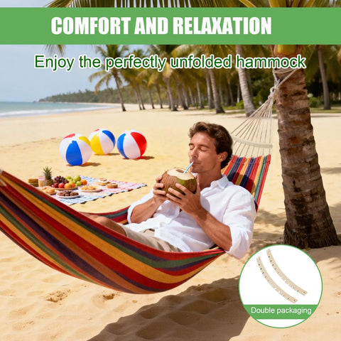 Man relaxing on colorful hammock at beach using Two Detachable Hammock Spreader Bars Made From Lightweight Wood For Easy Setup And Stable Balance In Outdoor Hammocks, Durable Replacement Crossbars For Garden, Patio, Backyard, Camping And Chill Hangouts