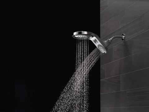 Alt Tag: HydroRain Two In One Shower Head Chrome Finish With Rain Can And Handheld Combo on black tiled wall