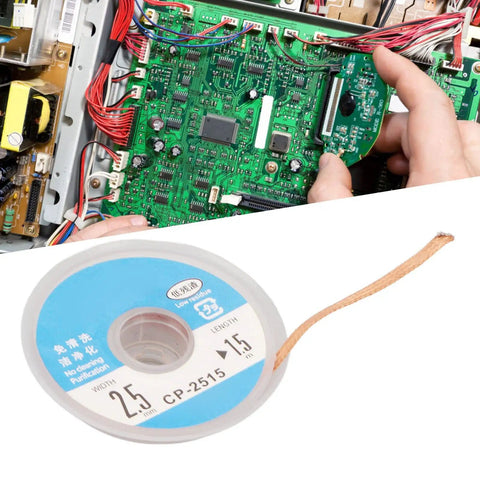 Desoldering Wick Braid With Flux for PCBs, Red Copper Material, 1.5 Meter Length, shown with circuit board repair
