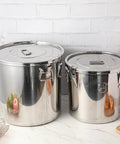 Stack It High With Heavy Duty 304 Stainless Steel Airtight Canisters 3 Pack Featuring Slam Lock Clamps for bulk storage of grains and pet food.