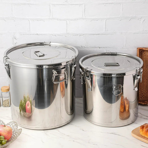 Stack It High With Heavy Duty 304 Stainless Steel Airtight Canisters 3 Pack Featuring Slam Lock Clamps for bulk storage of grains and pet food.