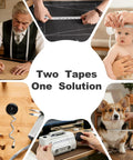Two Pack Soft Flexible Retractable Tape Measure Set For Body Measurements, Sewing And Fabric, Tailor And DIY Projects, Mini Dual Sided Inches And Centimeters, Black Quick Retract And White Classic Tape, Grab And Go Pro Grade Handy Tool in use for various tasks including measuring a baby, cutting fabric, tailoring a suit and more.