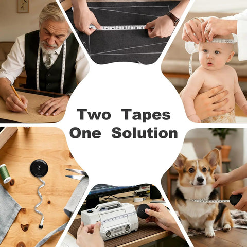 Two Pack Soft Flexible Retractable Tape Measure Set For Body Measurements, Sewing And Fabric, Tailor And DIY Projects, Mini Dual Sided Inches And Centimeters, Black Quick Retract And White Classic Tape, Grab And Go Pro Grade Handy Tool in use for various tasks including measuring a baby, cutting fabric, tailoring a suit and more.