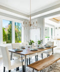 Roma 22 Inch 5-Light French Country Chandelier With Adjustable Height And Smoked Cedar Finish in modern dining room.