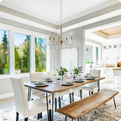 Roma 22 Inch 5-Light French Country Chandelier With Adjustable Height And Smoked Cedar Finish in modern dining room.
