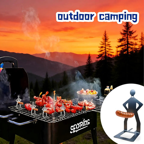 Funny Man Shaped Hot Dog Holder For Grilling Hands Free Stainless Steel Sausage Stand on outdoor BBQ at sunset camping