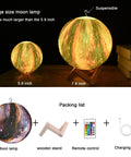 7.9 Inch Large Moon Lamp With Galaxy Starry Surface displayed on stand with 5.9 inch size comparison, remote, and charging cable shown.