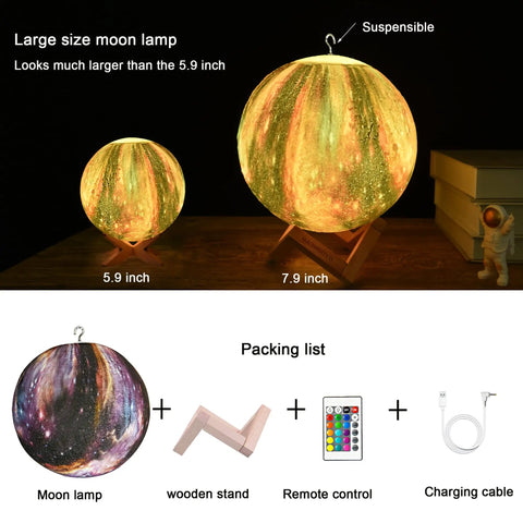 7.9 Inch Large Moon Lamp With Galaxy Starry Surface displayed on stand with 5.9 inch size comparison, remote, and charging cable shown.