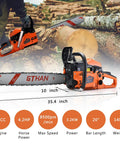 Beast 62cc Gas Powered Chainsaw With 20 Inch Bar For Tree Cutting And Firewood, shown with logs and specs, heavy duty use