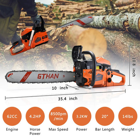 Beast 62cc Gas Powered Chainsaw With 20 Inch Bar For Tree Cutting And Firewood, shown with logs and specs, heavy duty use