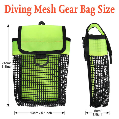 Front and side view of All In One Dive Gear Bag With Mesh Storage Pocket For SMB Reel And Dive Gloves, fluorescent yellow.