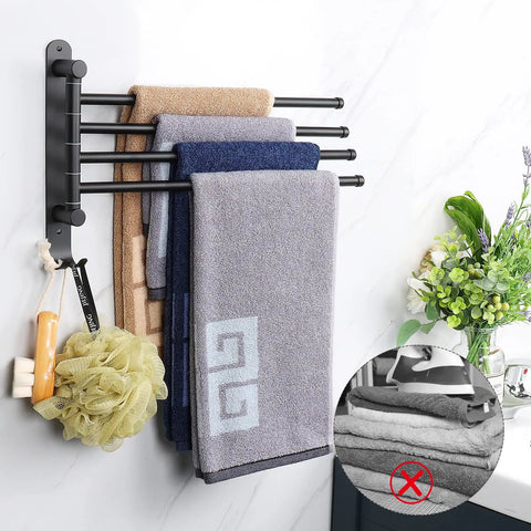 Top Shelf Swivel Towel Rack Built From Solid 304 Steel Spacious Four Arm Wall Mount Bath Station Sporting Rustproof Spin Nifty Side Hook And Chill Matte Black Finish with towels.