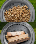 Pellet Adapter for Bonfire Fire Pit, Stainless Steel Dual Fuel Accessory, 17.3 Inch Extension with pellets and firewood.