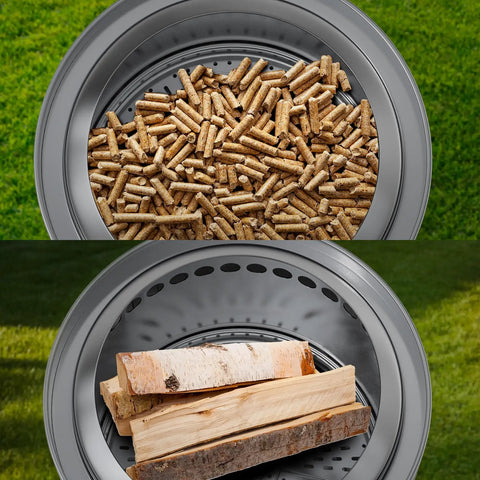 Pellet Adapter for Bonfire Fire Pit, Stainless Steel Dual Fuel Accessory, 17.3 Inch Extension with pellets and firewood.