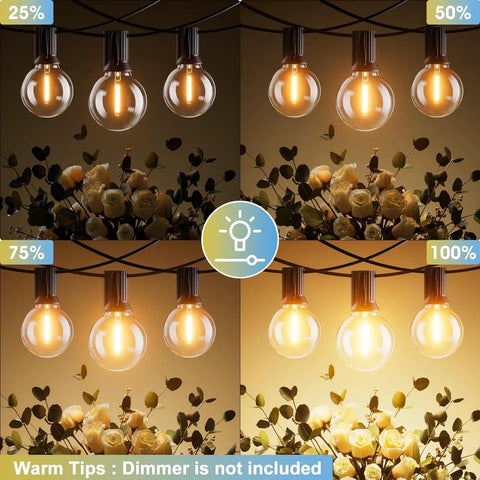Outdoor LED String Lights 100 Ft with Dimmable, Shatterproof Bulbs, Waterproof and Connectable for Deck Porch Patio lighting levels