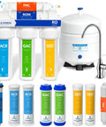 Five Stage Under Sink Reverse Osmosis System With Deluxe Chrome Faucet featuring filter cartridges and storage tank