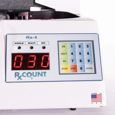 Close-up of the Rx-4 Automatic Pill Counting Machine control panel showing buttons and display for pharmacies and veterinarians.
