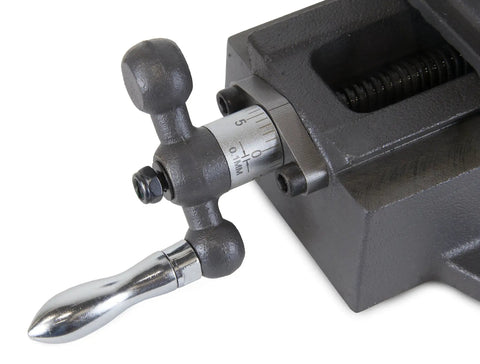Close-up of hand wheel with precision 0.1 mm scale on Cross Vise 3.25 Inch Jaw With Compound Slide For Mills And Drill Presses