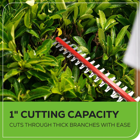 40V Cordless Pole Hedge Trimmer With 20 Inch Dual Action Blade cutting thick branches in garden