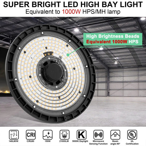 Close-up of High Bay LED Light 150W With Motion Sensor 5000K Daylight Remote 3 Modes 21000LM Killer Brightness