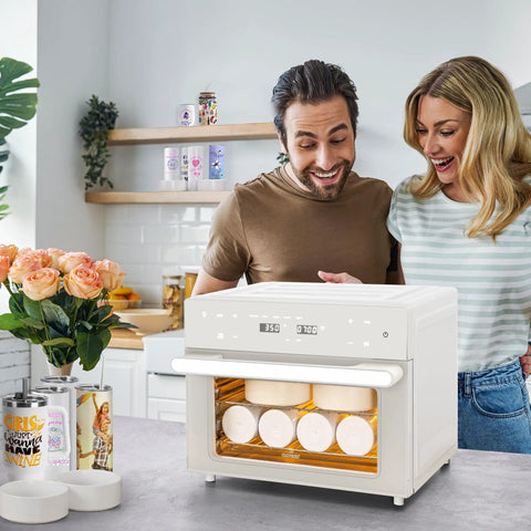 32Qt Side Hustle Essential Convection Sublimation Oven Running Custom Drinkware Crafts Smooth With 1800W Quick Heat Plus Hot Air Gun Wraps Gloves Transfer Tape in kitchen with happy couple