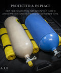 Two Tank Scuba Cylinder Rack With Carrying Handle For Secure Storage And Easy Haul Foam Tube Guards With Gear Teeth Grips Tanks Durable Protective Mount For Standard Diving Cylinders, holding two scuba tanks on yellow foam tubes.