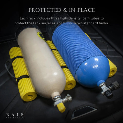 Two Tank Scuba Cylinder Rack With Carrying Handle For Secure Storage And Easy Haul Foam Tube Guards With Gear Teeth Grips Tanks Durable Protective Mount For Standard Diving Cylinders, holding two scuba tanks on yellow foam tubes.