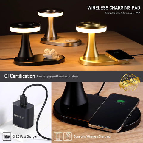 Rechargeable LED Table Lamp With Wireless Charging Pad Dimmable Night Light For Bedroom Patio Nursery Or Restaurant Ambience Cozy Vibes Portable USB Cable Included Black on charging dock