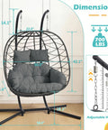 Front view of Double Outdoor Hanging Egg Chair With Stand and Oversized Cushion, 700 Lbs Capacity, thick metal frame, gray.