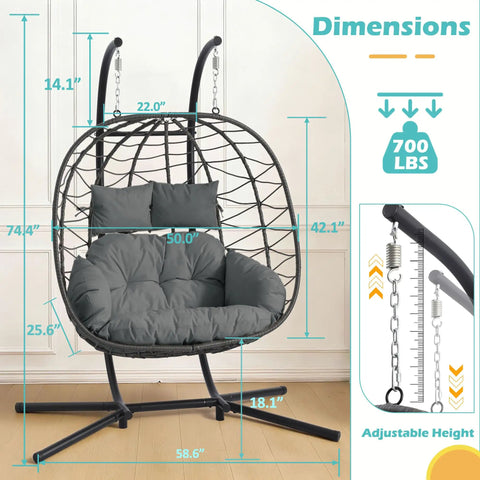 Front view of Double Outdoor Hanging Egg Chair With Stand and Oversized Cushion, 700 Lbs Capacity, thick metal frame, gray.