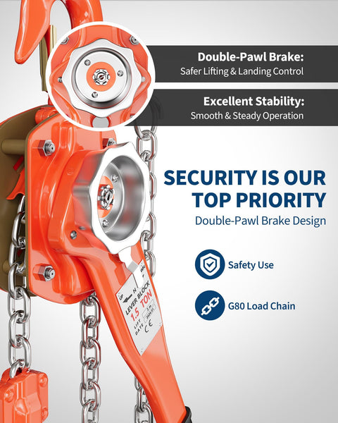 Beefy 1-1/2 Ton Manual Lever Chain Hoist With 10 Ft G80 Galvanized Chain, 3300 Lb Capacity, Double Pawl Safety Brake close-up