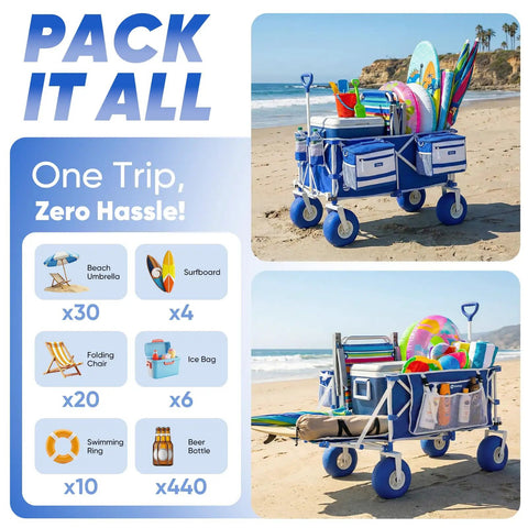 Heavy Duty Beach Wagon With 9 Inch Sand Proof Wheels And 300L Capacity Foldable Cart loaded with beach gear on sand
