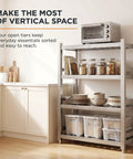 Built Tough 304 Stainless Steel Shelf For Pantry Kitchen Garage Storage Rack With Slick Brushed Silver Surface And No Sweat Setup Commercial Grade Metal Shelving Unit 27.6 X 19.7 X 70.9 Inches, featuring four open tiers and kitchen essentials.