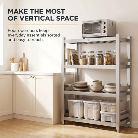 Built Tough 304 Stainless Steel Shelf For Pantry Kitchen Garage Storage Rack With Slick Brushed Silver Surface And No Sweat Setup Commercial Grade Metal Shelving Unit 27.6 X 19.7 X 70.9 Inches, featuring four open tiers and kitchen essentials.