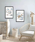 Baby Boy Nursery Wall Art Set Of 3 Vintage Blue Travel Theme Prints For Kids Room 12x16 Inch Wood Framed Hot Air Balloon Plane Helicopter Posters Soft Vintage Blue Travel Motifs Create A Calm Inspiring Baby Boy Bedroom Display, featuring a framed plane and helicopter artwork on a nursery wall.
