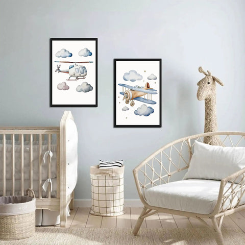 Baby Boy Nursery Wall Art Set Of 3 Vintage Blue Travel Theme Prints For Kids Room 12x16 Inch Wood Framed Hot Air Balloon Plane Helicopter Posters Soft Vintage Blue Travel Motifs Create A Calm Inspiring Baby Boy Bedroom Display, featuring a framed plane and helicopter artwork on a nursery wall.