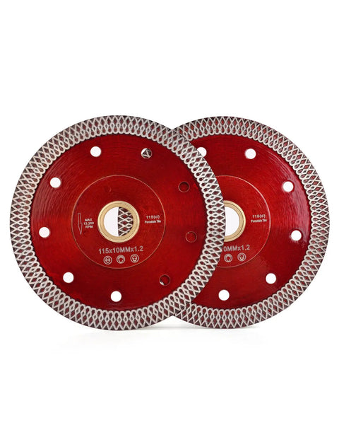 Two red 4.5 Inch Super Thin Diamond Porcelain Saw Blades for Ceramic Tiles 2 Pack Wet Or Dry Cutting with Turbo Mesh Rim
