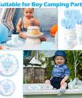 Blue Hot Air Balloon Party Supplies Set For 24 Guests 120 Pcs Disposable Dinnerware with plates, cups, forks, napkins shown at a birthday party